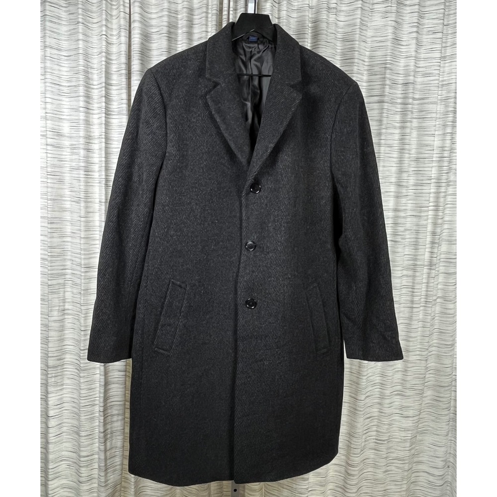 Hathaway Platinum Mens 42R Wool Cashmere Overcoat Charcoal Gray Italian Fabric
